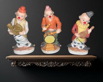 3 Vintage Ceramic Porcelain Clown Musician Figurines Band Horn Stringed Instrum