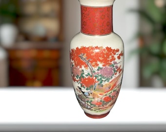Vintage Japanese Satsuma Style Porcelain Ivory Crackle Vase w Pheasants Flowers