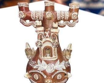 Vintage Peruvian Ucamari Pottery 3 Light Candle Holder Folk Art Clay Figure