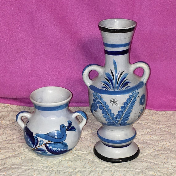 1980s Ceramic Vases With Handles Mexican Pottery Blue W Birds Etsy