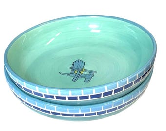 KIC Brushes Handpainted Stoneware Coastal Adirondack Chair 9” Aqua Bowls - 2