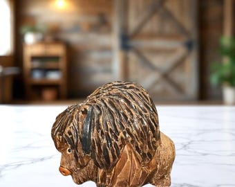 Artesania Riconada Uruguay Vintage Hand Carved Signed Pottery Buffalo/Musk Ox