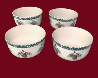 4 Vintage Tienshan Folk Craft Pine Cone Soup Cereal Bowls Green Spongeware