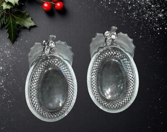 2 Mikasa Studio Nova Vintage Clear w Frosted Holly Glass Oval Bowls Christmas