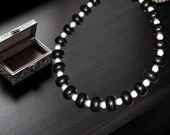 Vintage Large Black Wooden Beads w Small White Round Spacer Beads 12”
