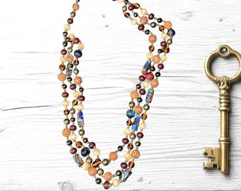 Vintage Boho Multi-Strand Wood, Glass, Metal, Accent Bead Statement Necklace