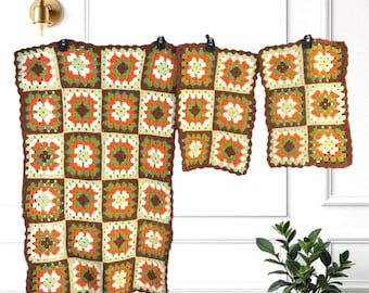 Vintage Retro Orange, White, Brown, Avocado Granny Square Couch Arms/Back Throw