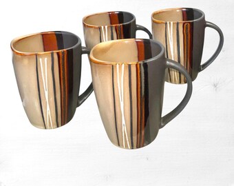 4 Better Homes & Gardens Tan/Multicolor Drip Glaze Coffee Mugs Square Top 16 Oz.