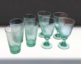 Vintage Libbey Green Optic Swirl Glassware Set 4 Stemmed Goblets, 4 Tumblers