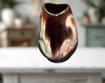 VGE West German (Jasba?) Ceramic Earth Tones Drip Glaze Gilded Edge Bud Vase