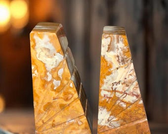 Vintage Banded Mexican Onyx Marble Bookends Pair Carved Stone Mid Century Decor