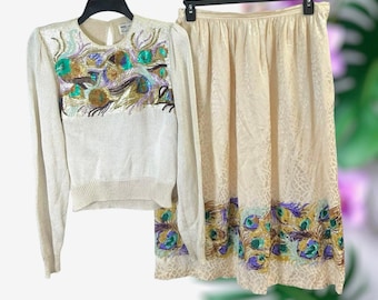 Anne Crimmins Vintage Skirt Set Multicolor Peacock Beads & Sequins Women L/14