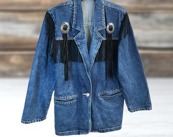 Next Move Vintage 80s Western Fringe Denim Jacket Concho Studded Women Large