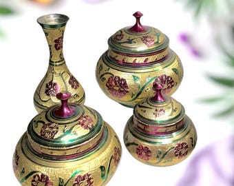 4 Pc Vintage Indian Floral Engraved Brass Vanity Set Trinket Jars Lids Bud Vase