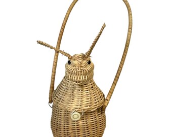 Vintage Handwoven Wicker Rabbit Bunny Basket Hinged 2-Compartment Long Handle