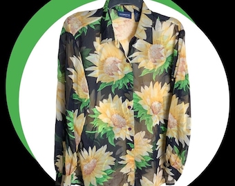 Liz Claiborne Liz Sport Vintage Sheer Black Sunflowers Button Blouse Women M