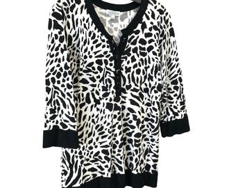 Vintage Joseph A. Animal Print Tunic Sweater Black White w Rhinestones Women M
