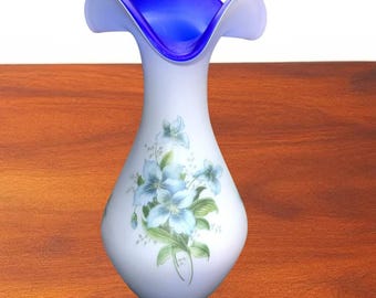 Vintage Made Italy White Satin Cobalt Blue Ruffled Rim Floral Art Glass Vase 12”