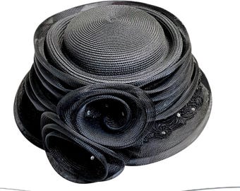 Vintage Mr. H’s Classic Blackk Eyelet Net Hat Wide Brim Rhinestone Dress Church