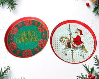 2 Vintage Giordano/Other Christmas Holiday Metal Round Serving Trays