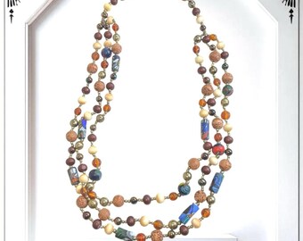 Vintage 3-Strand Multicolor Necklace w Glass, Wood, Metal, Tribal, Other Beads