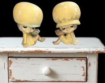 Vintage UCTCI Ceramic Poppet Trixie Figurines Boy Girl Large Yellow Hats/Baskets
