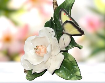 Vintage Porcelain Butterfly on Magnolia Branch Gorgeous Detail Collectible