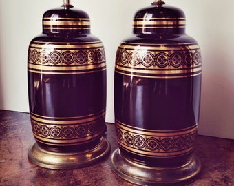 Black and Gold Ceramic Table Lamps Hollywood Regency  a pair