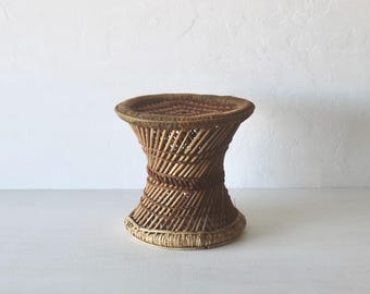 Vintage Woven Bamboo Rattan Woven Cane Wicker Stool Mid-Century