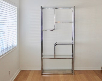 Milo Baughman for DIA Style 1970s Chrome Sculptural Etagere Shelving Unit with Clear Glass Brass Finials Detail