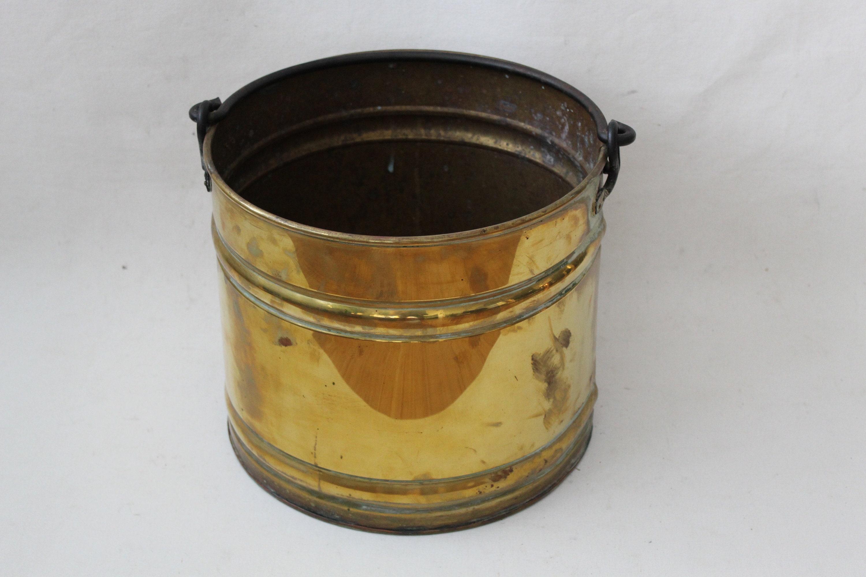 Hand Crafted Brass Bucket Planter Wrought Iron Handlevintage Mid Century Hollywood Regency