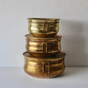 Vintage Moroccan Style Hammered Brass Oval Nesting Planters Decorative Rope Tassel Detail- set of 3