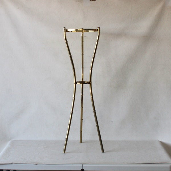 Vintage Hollywood Regency Brass Gold Finish Glass Top Tripod Faux Bamboo Plant Stand