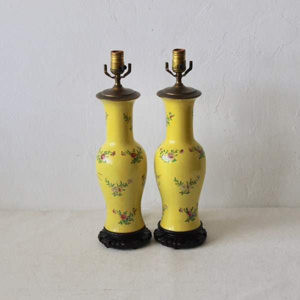 Chinese Famille Rose Style Painted Vase Table Lamps Mid Century Chinoiserie-A Pair