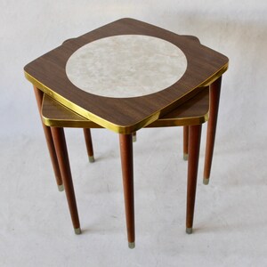 Vintage Mid Century Laminate Top Square Stackable Accent Side Tables Marble Gold Brass Edge Detail-a pair