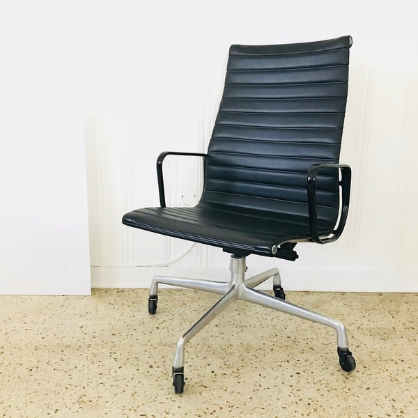Vintage Rare Eames Aluminum Group Executive High Back Chair Faux Black Leather Black Arms Four Spoke Castor Base