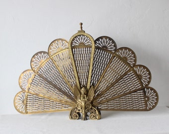 1950s Japanese Vintage Mid Century Hollywood Regency Brass Griffin peacock Style Fireplace Screen Grate