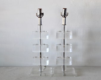 Karl Springer Style Glam Stacked Thick Lucite Table Lamps Mid-Century Modern-A Pair