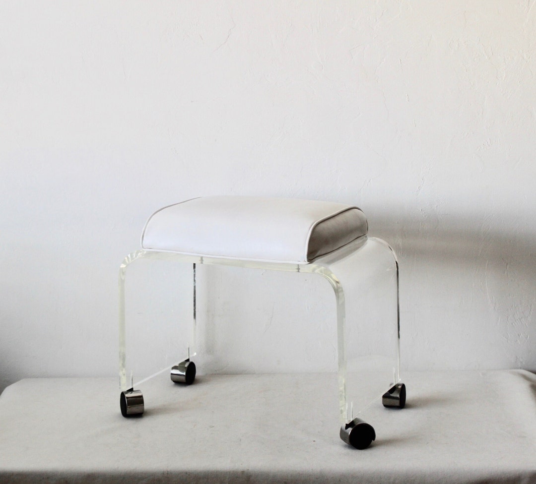 Thick Lucite Acrylic Waterfall Faux Leather Padded Vanity Stool