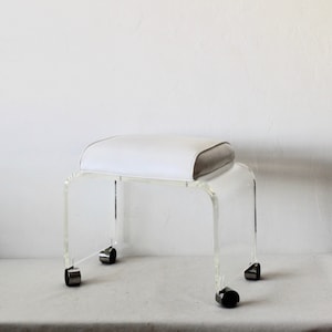 Vintage Lucite Waterfall Vanity Stool, Faux Leather Padded Seat, Mid Century Modern