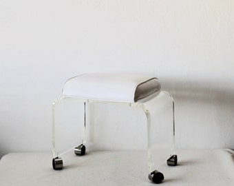 Vintage Lucite Waterfall Vanity Stool, Faux Leather Padded Seat, Mid Century Modern