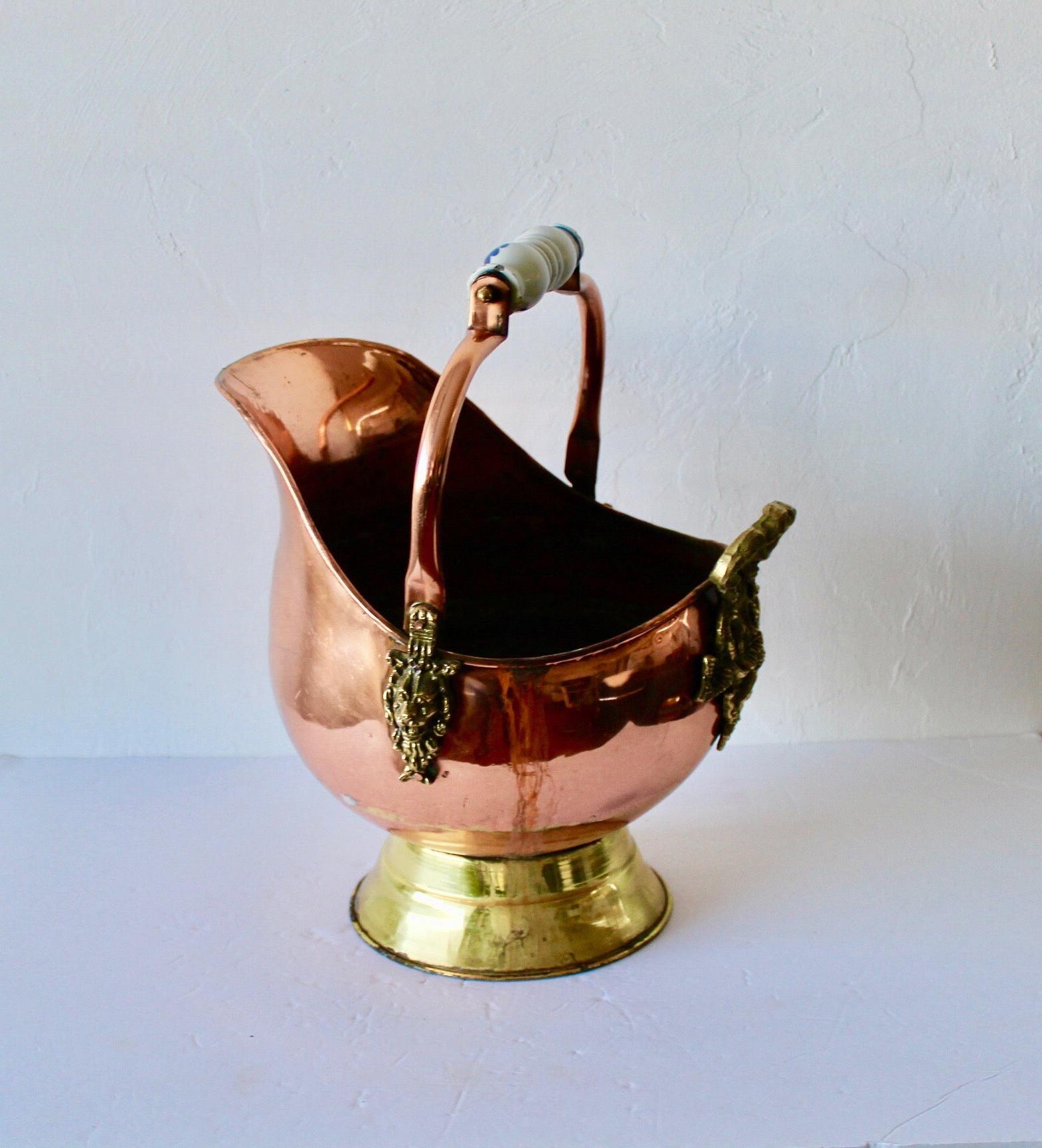 English Victorian Helmet Style Copper Brass Coal Scuttle Bucket Planter ...