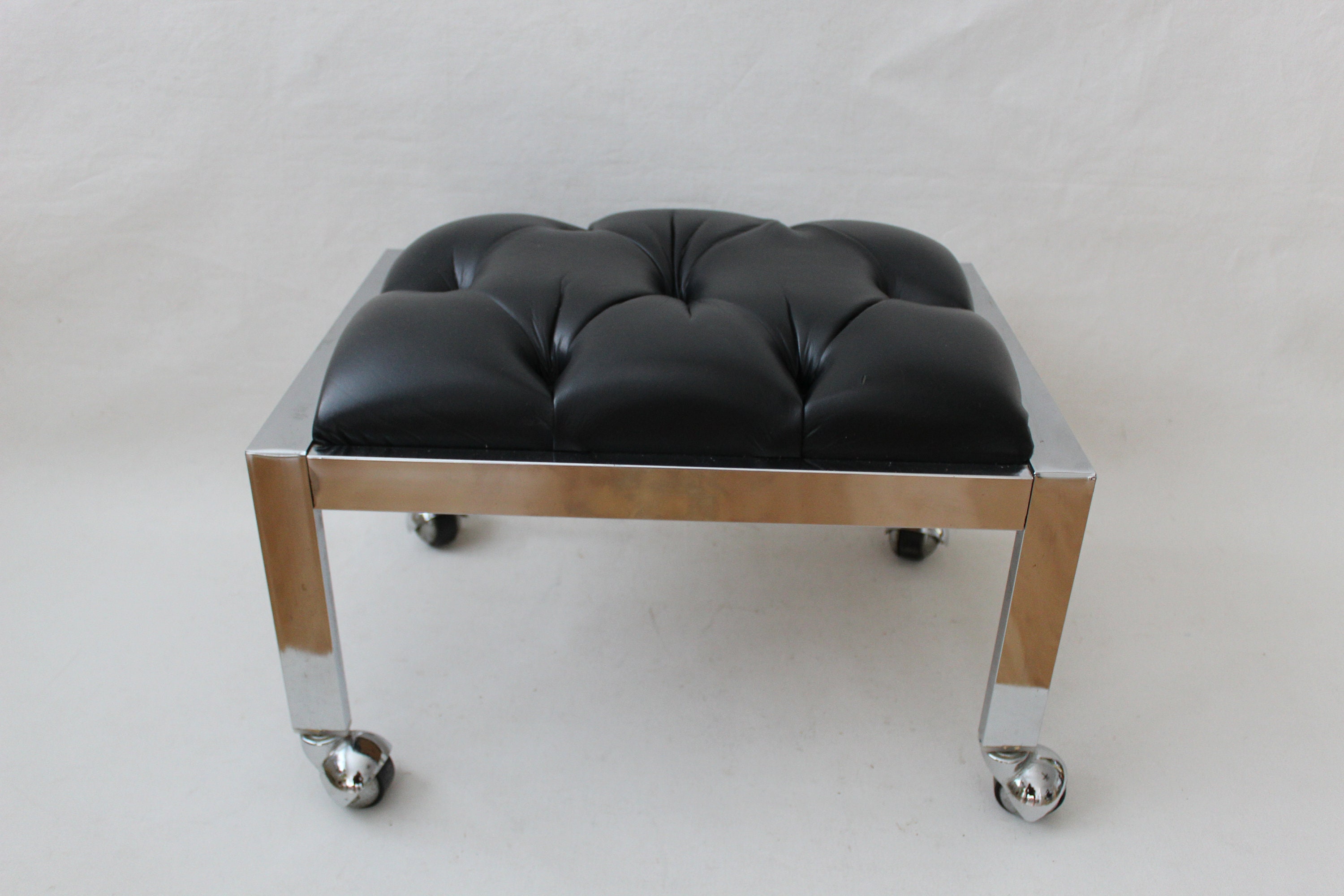 Vintage Chrome Tufted Black Faux Leather Foot Rest Ottoman Etsy
