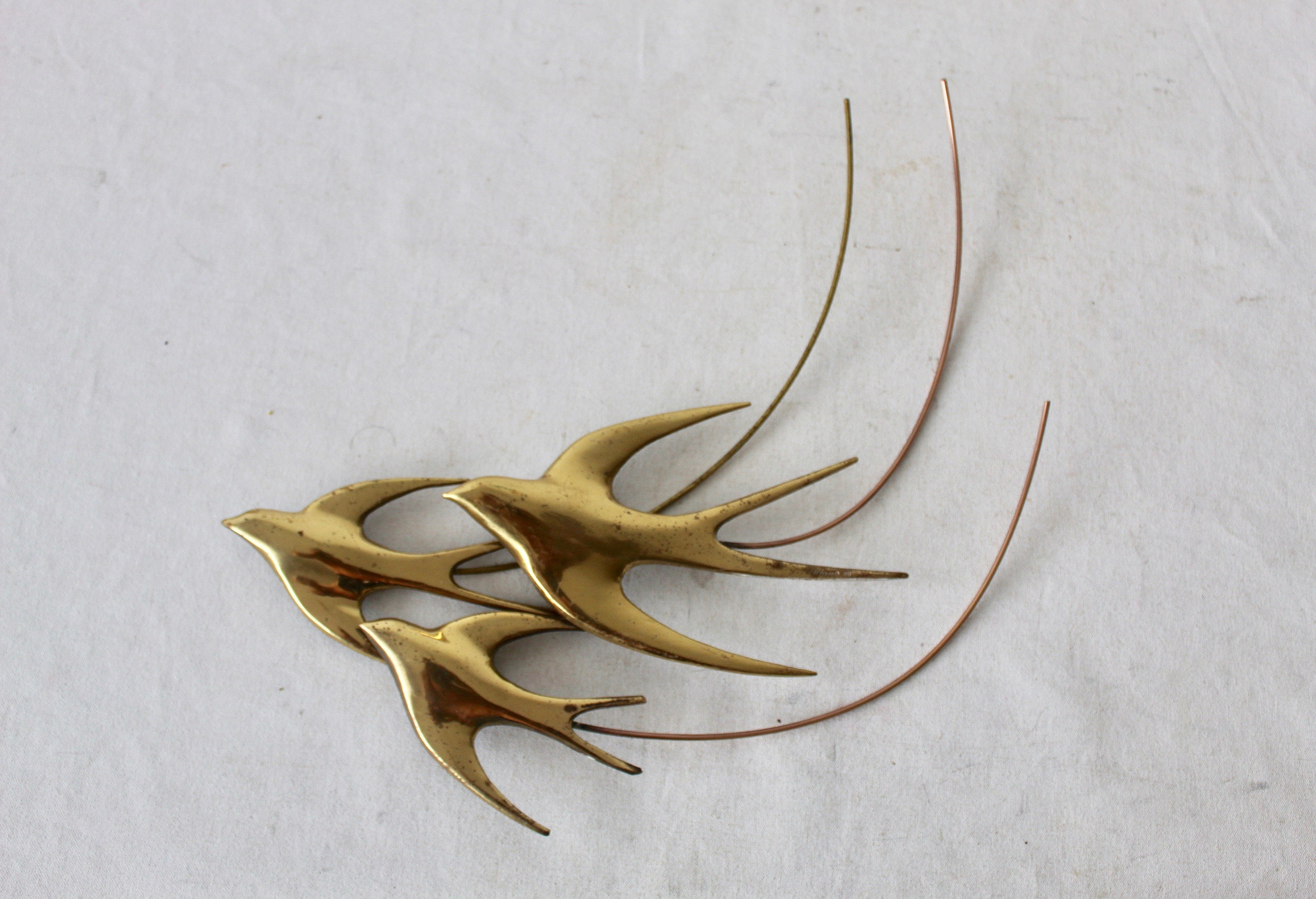Original Signed Bijan Brass Copper Three Birds in Flight Wall