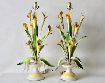 Vintage Italian Tole Flowers Urn Table Lamps- a pair