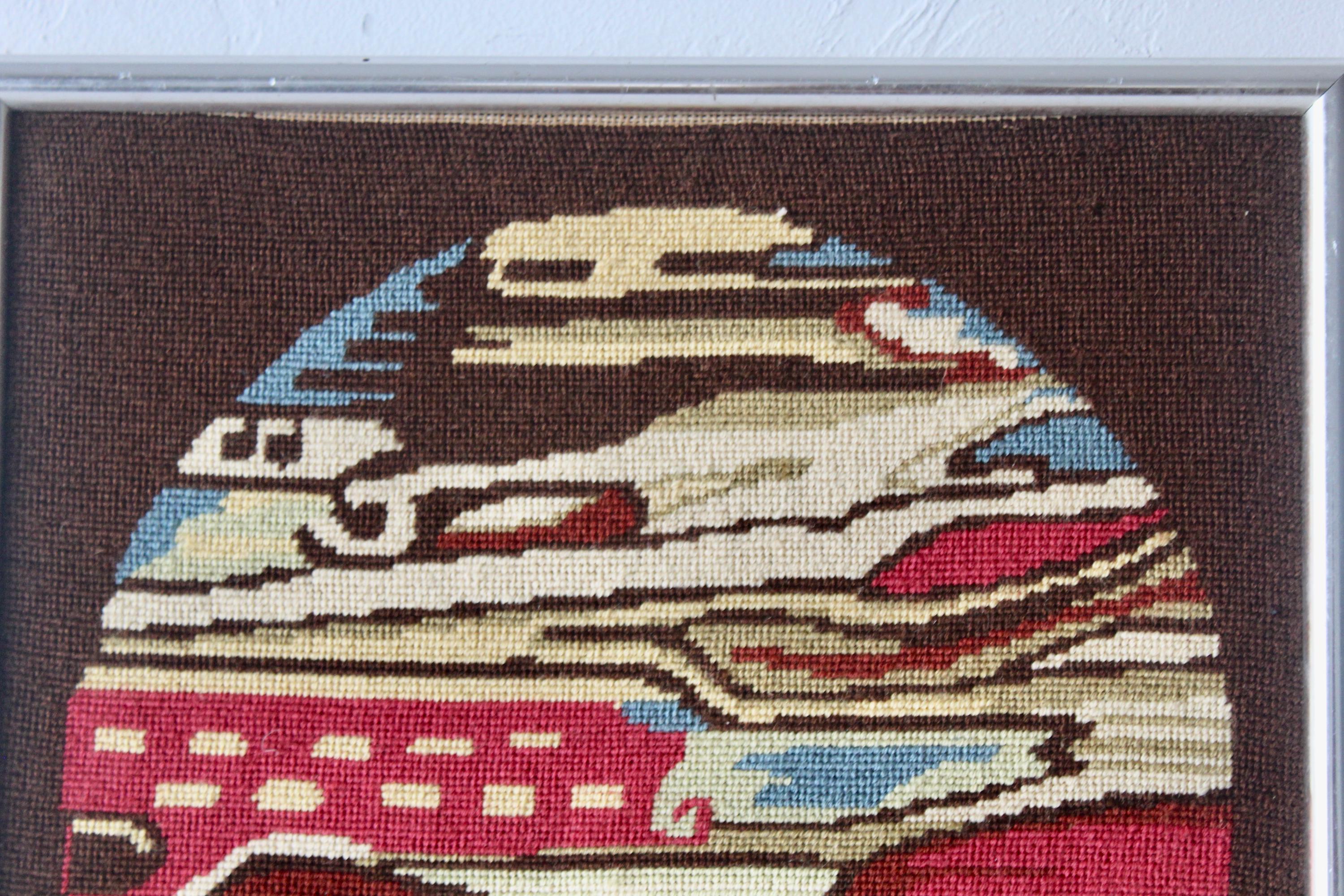 Vintage 1970s Abstract Vibrant Needlepoint Wall Art Metal Chrome