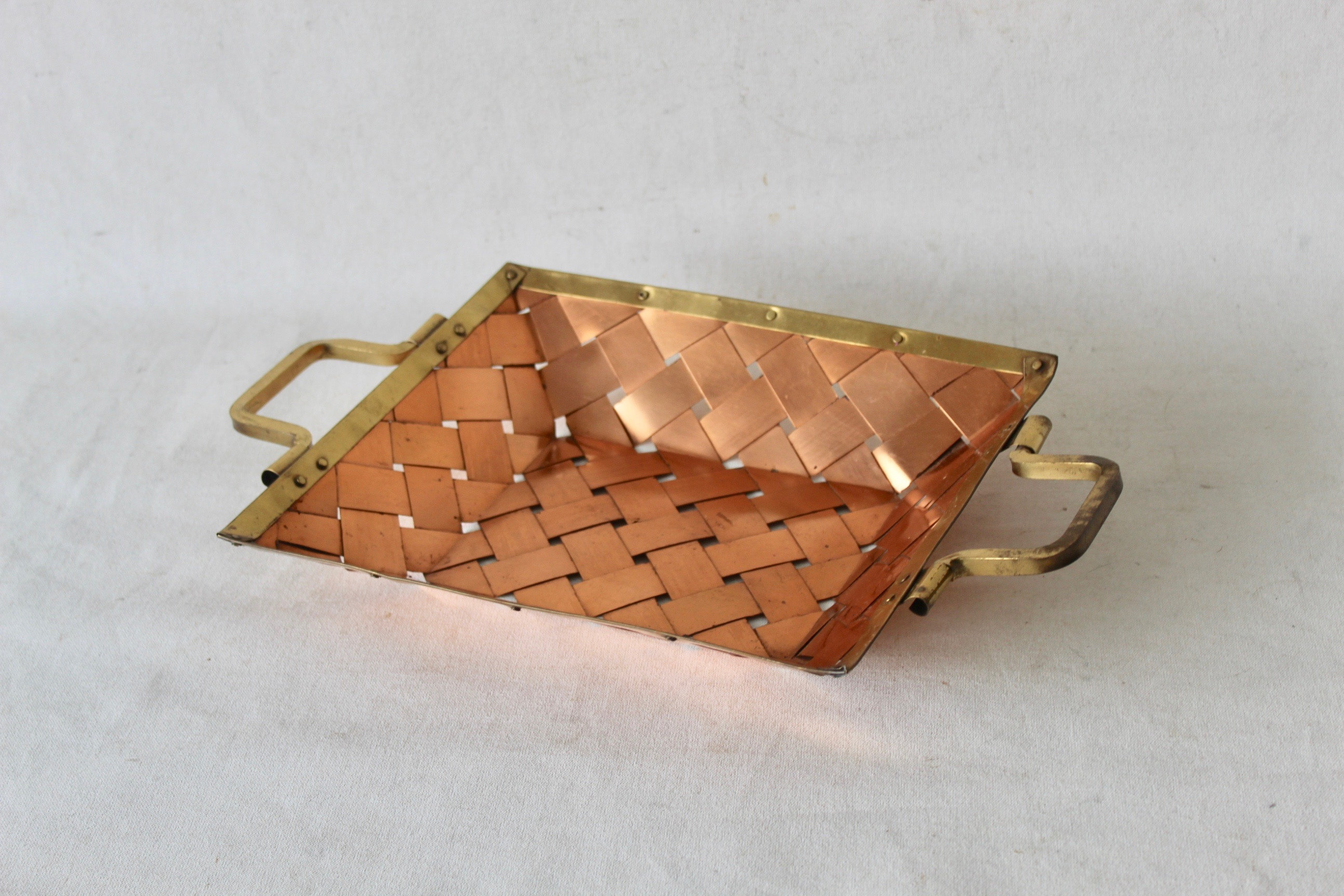 Vintage Mid Century Brass Copper Decorative Tray With Handles