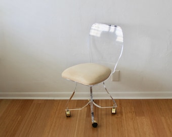 Hill Manufacturing Style Lucite Padded Seat Vanity Chair with Gold/Brass Finish Castors