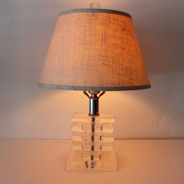 Vintage Glam Mid-Century Modern Karl Springer Style Stacked Small Scale Clear Lucite Table Lamp Rounded Corners