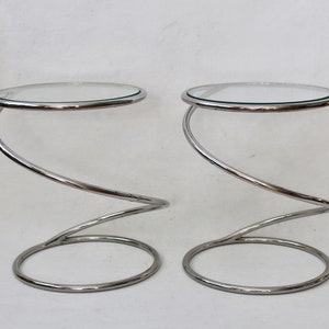 Vintage Mid Century Polished Chrome and Glass Spiral Tables in the style of Pace by Leon Rosen-a pair